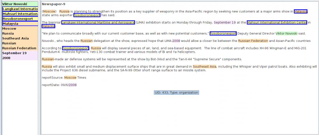 Document view in CZSaw that brushes the entities selected in a list to a document.